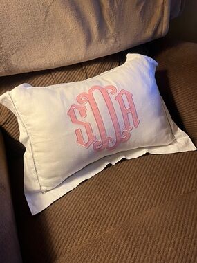 Monogrammed SDA Decorative Pillow - White with Pink Embroidery